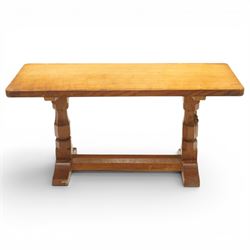 Mouseman - adzed oak rectangular refectory style coffee table, with rectangular adzed top,...
