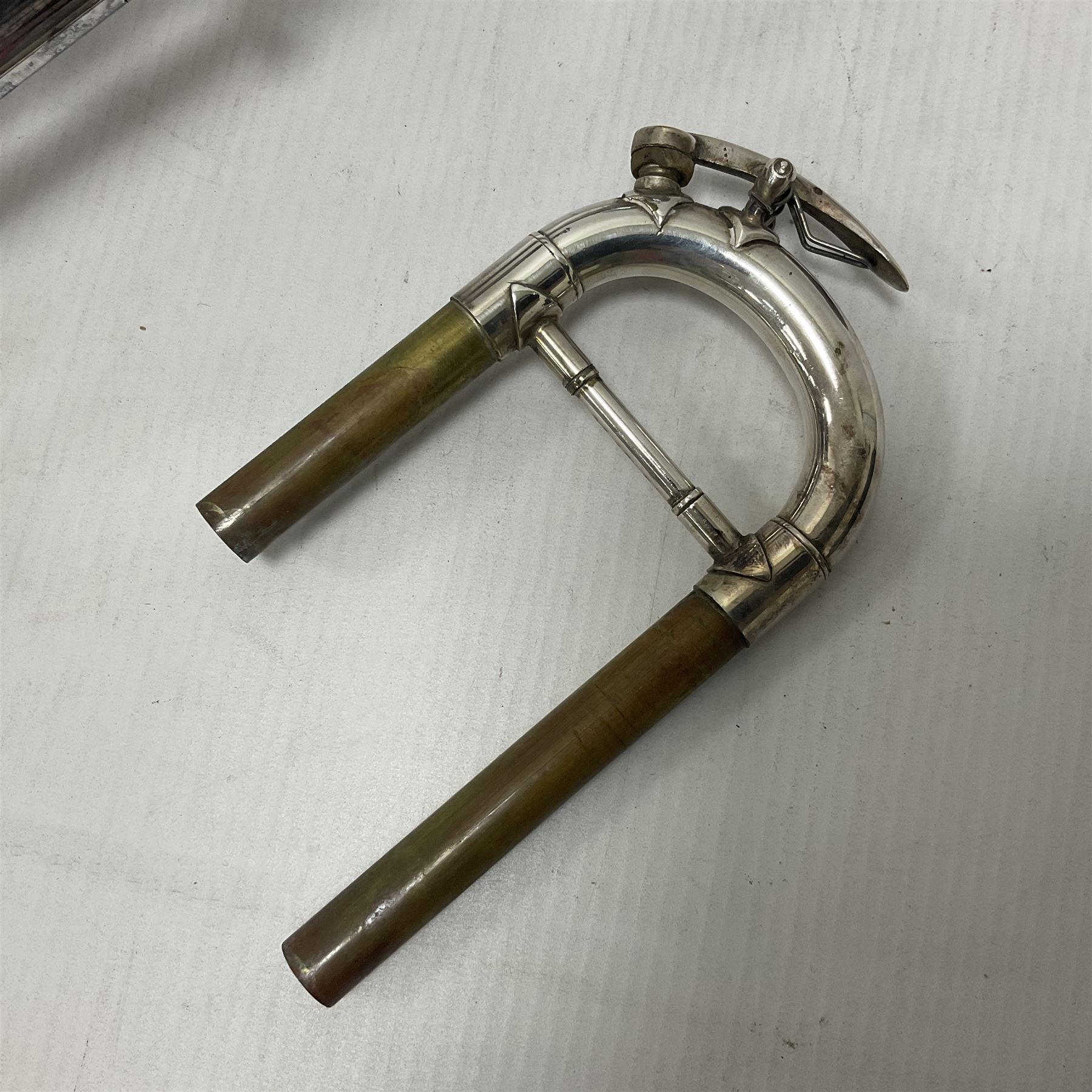 Victorian Class A silver plated trumpet retailed by Kitchen & Co,29 Queen Victoria Street Leeds, 1897 with mouthpiece/slide and in its original felt lined box
