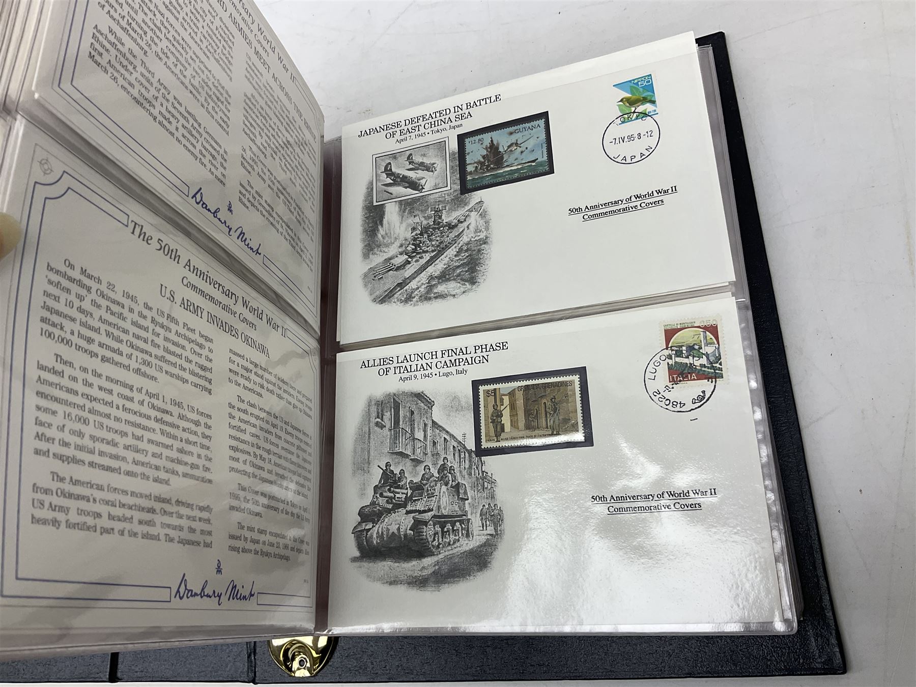 Three albums of 'The 50th Anniversary World War II Commemorative Covers Collection', housed in the official Danbury Mint folders