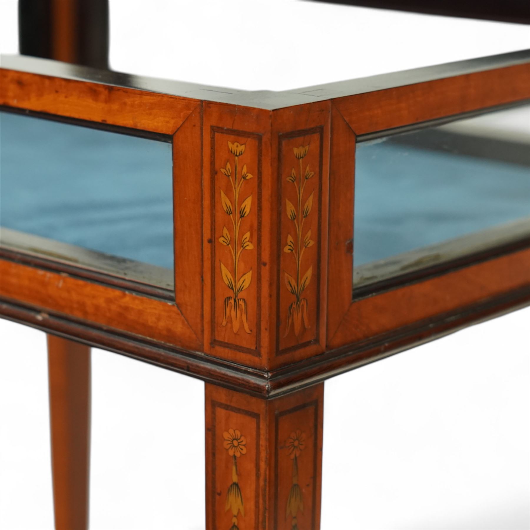 Edwardian satinwood bijouterie table, rectangular glazed top and glazed sides enclosing a blue velvet-lined display well, raised on square tapering legs, decorated throughout with neoclassical foliate inlay