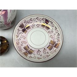 Early 20th century Sunderland lustre jug, decorated with transfer Masonic scene and poem 'The World is in Pain/Our Secrets to Gain/But Still Let Them Wonder and Gaze/The Never Can Divine/The World Nor The Sign/Of a Free and Accepted Mason', the reverse decorated with Sunderland River Wear cast iron bridge scene below text (a/f), together with a copper lustre jug, and pink lustre bowl, jug H20cm