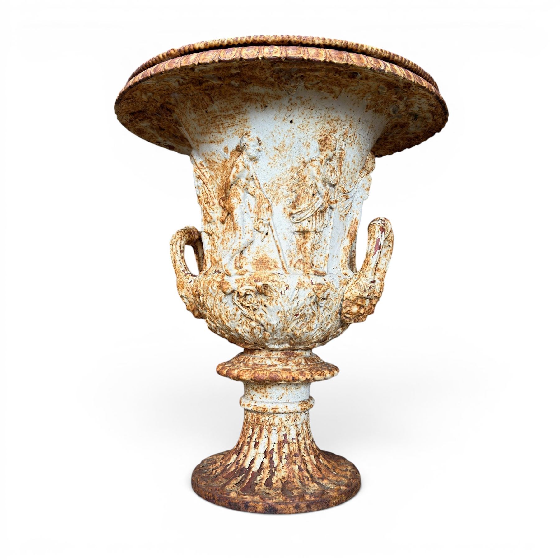 Andrew Handyside - pair of 19th century best quality cast iron garden urns, individually detailed in relief Allegorical Figures and Helaldic Swans, campagna form with twin handles, detail under rim, raised on circular fluted base