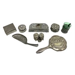 Arts & Crafts and later items, to include hammered pewter box with hinged lid, inkwell set etc 