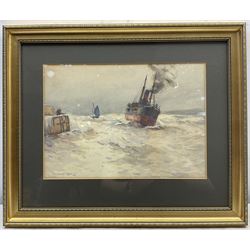 Ernest Dade (Staithes Group 1868-1934): Steam Ship Returning to Scarborough Harbour, watercolour heightened in white signed 23cm x 33cm