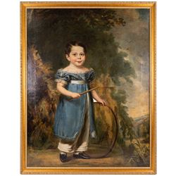 English Naïve School (Early 19th century): Portrait of a Young Boy with Stick and Hoop, oil on canvas unsigned 123cm x 95cm