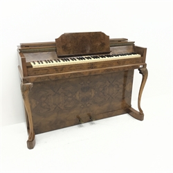Mid century Evestsaff Pianette 'Minipiano' walnut cased piano, shell carved cabriole supports, retailed by Harrods, W138cm