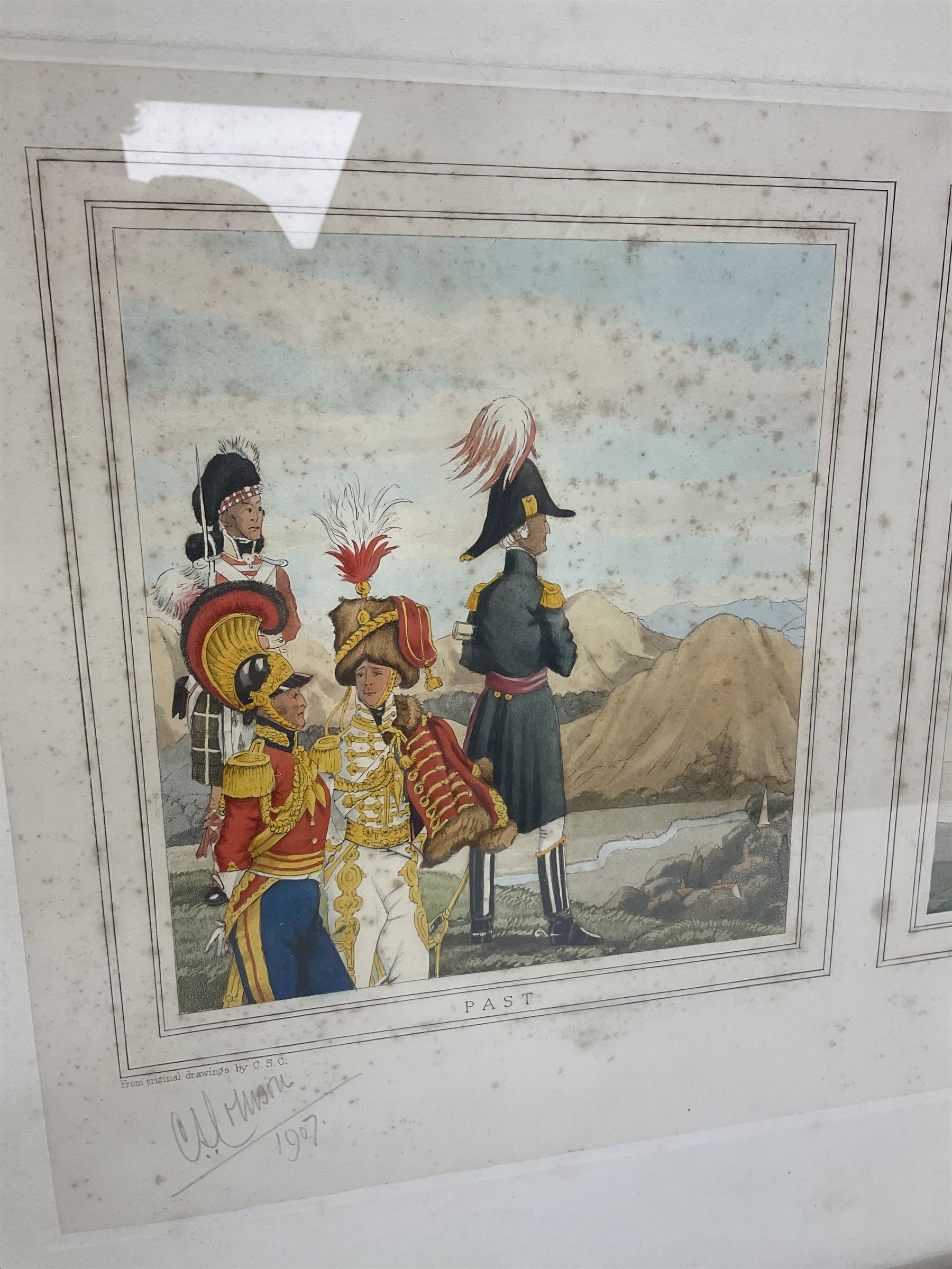 Early 20th century humorous military colour print entitled 'Reconnoitring' depicting three titled images 'Past', 'Presently' and 'Present'; published 1907 and signed on the mount by the artist C.S. Collison 38 x 73cm; Hogarth style frame