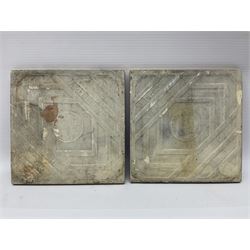 Pair of Maw & Co Benthall Works tiles, each depicting classical figures with fishing and shipping details, one inscribed Thames, the other Clyde, upon a red lustre ground, with raised marks verso, H15.2cm