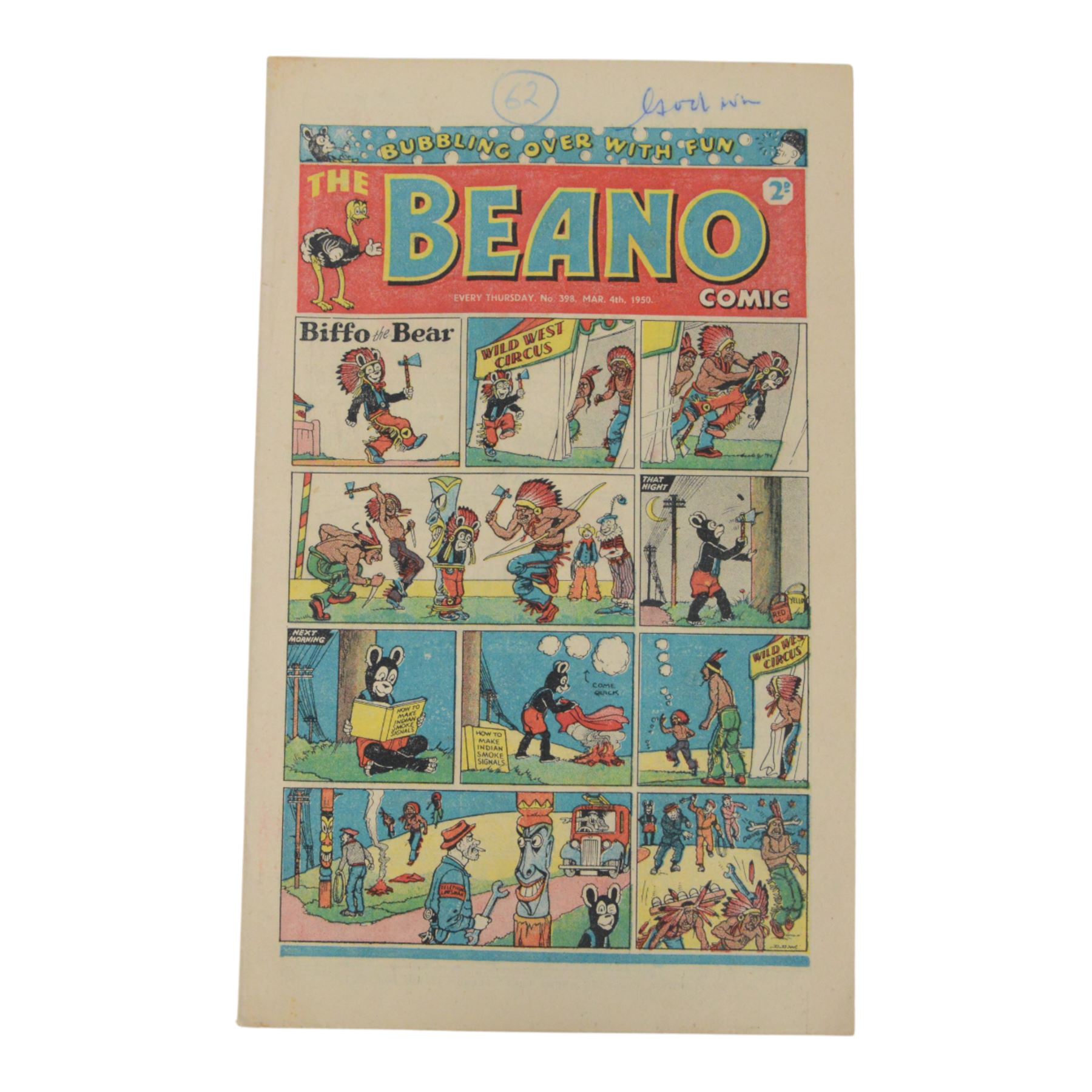 Seven 1940s and 50s The Beano comics, including 1941 issue no.166 propaganda war issue, with Big Eggo black-out cover, 1948 issue no.329, 1949 issue no.368, 1949 issue no.379, 1950 issue no.398,  1950 issue no. 424 and 1954 issue no. 603