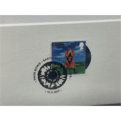 Set of three Royal Mail David Bowie limited edition album stamp prints, comprising Aladdin Sane, Blackstar and Earthling, all framed and in original packaging, H43cm W43cm