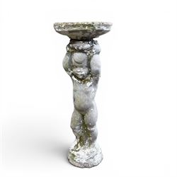 Collection of cast stone garden ornaments - three figure bird baths, figure on plinth, seated lion, lion, boy figure, and stone trough (9)