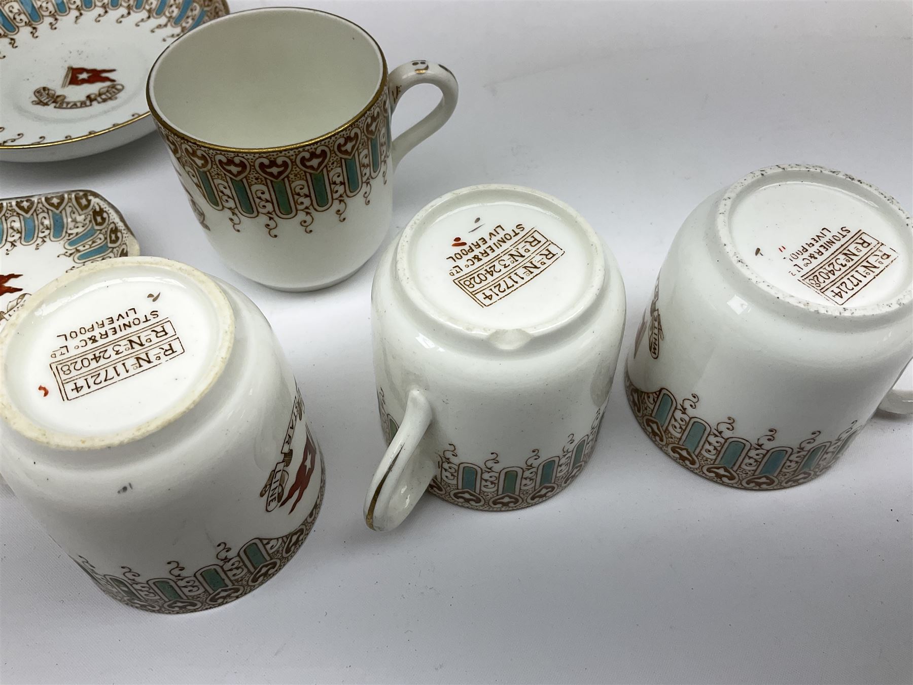 White Star Line, six pieces of porcelain by Stonier & Co. Liverpool, comprising four tea cups, three saucers, jug and three pin trays, registered design no. 117214/324028, printed mark beneath 