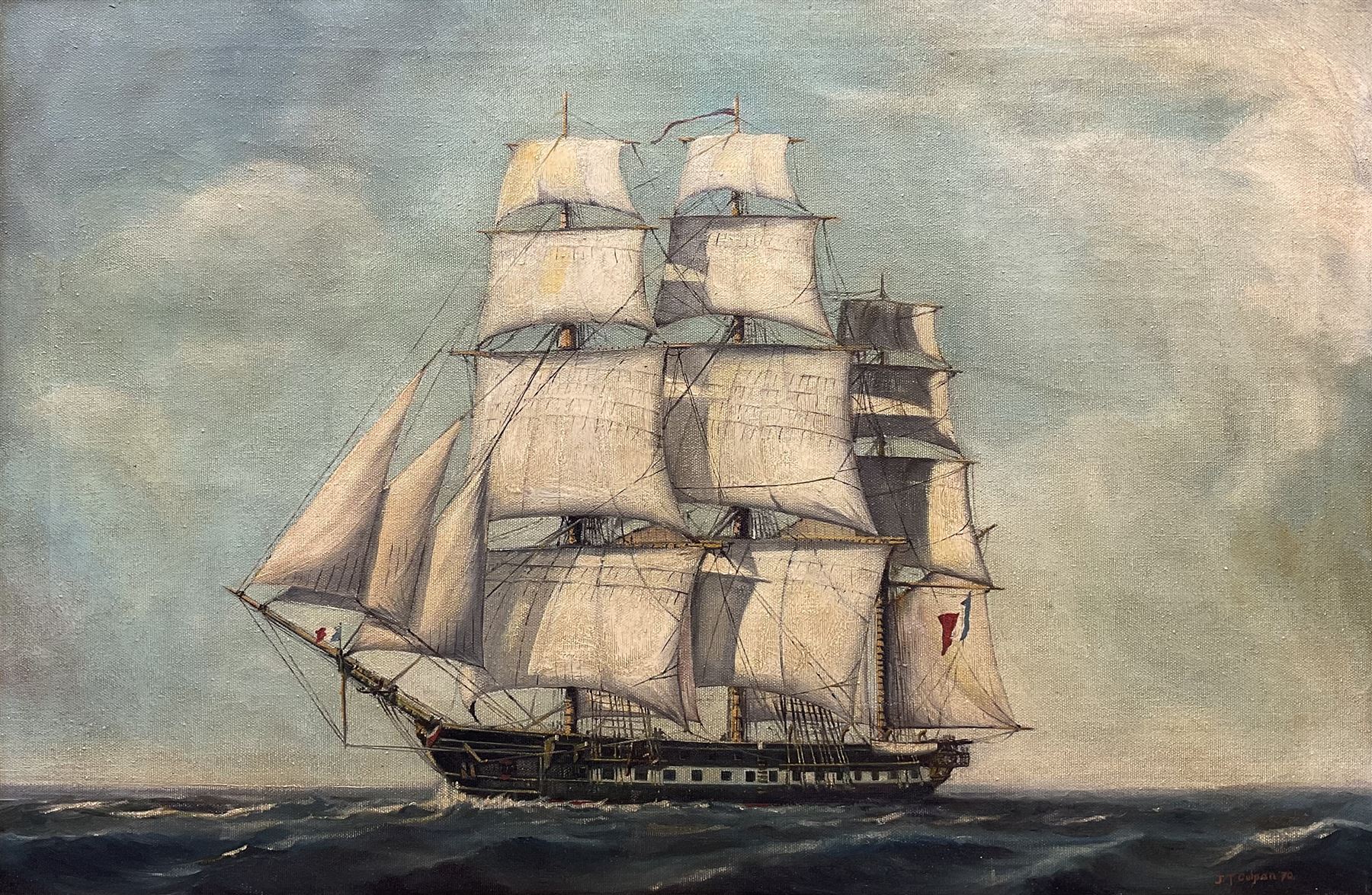 J Terry Culpan (British 20th century): French Frigate 'La Belle Poule 1834', oil on canvas signed and dated '70, titled verso 50cm x 75cm