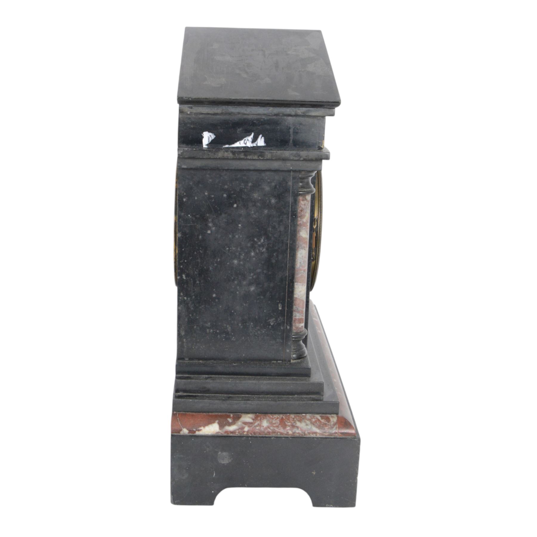 Large Victorian slate and variegated rouge marble architectural mantle clock, with gilded bronze mounts, with eight-day movement, striking a coiled gong, not running 