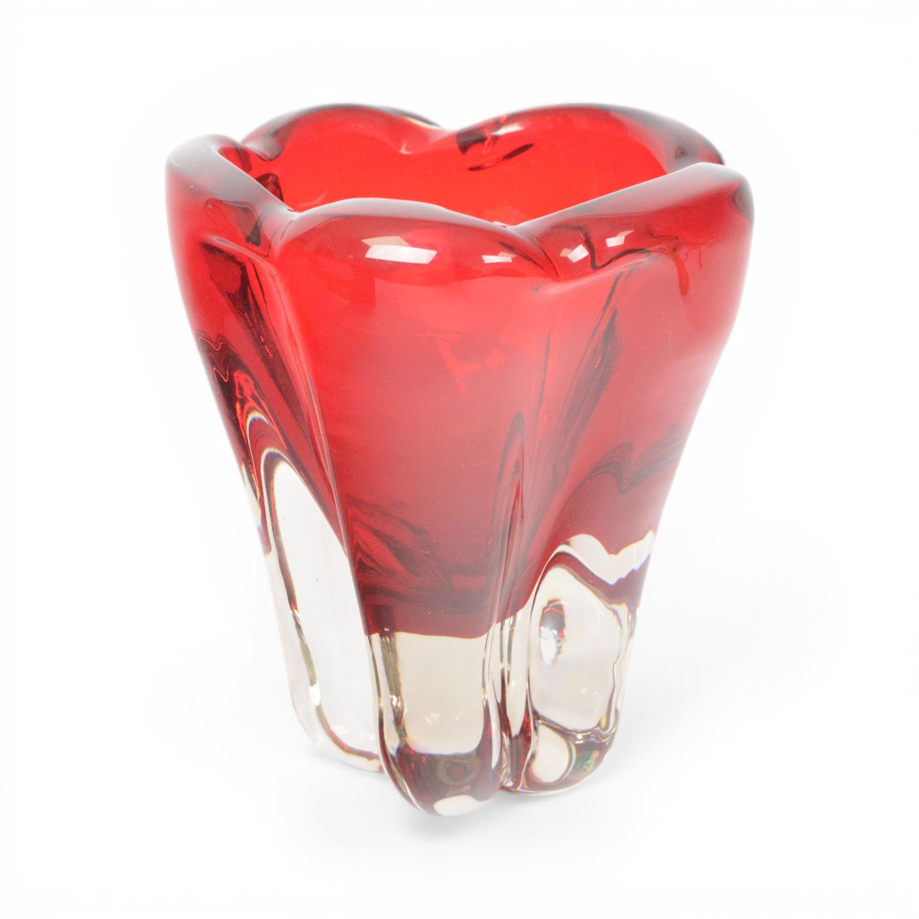 Three mid-century vases, comprising green Czech ‘winged’ vase, cinnamon vase, B894, designed by Gunnar Nyland for Strombergshyattan, signed beneath and Whitefriars ‘molar’ vase, designed by William Wilson 