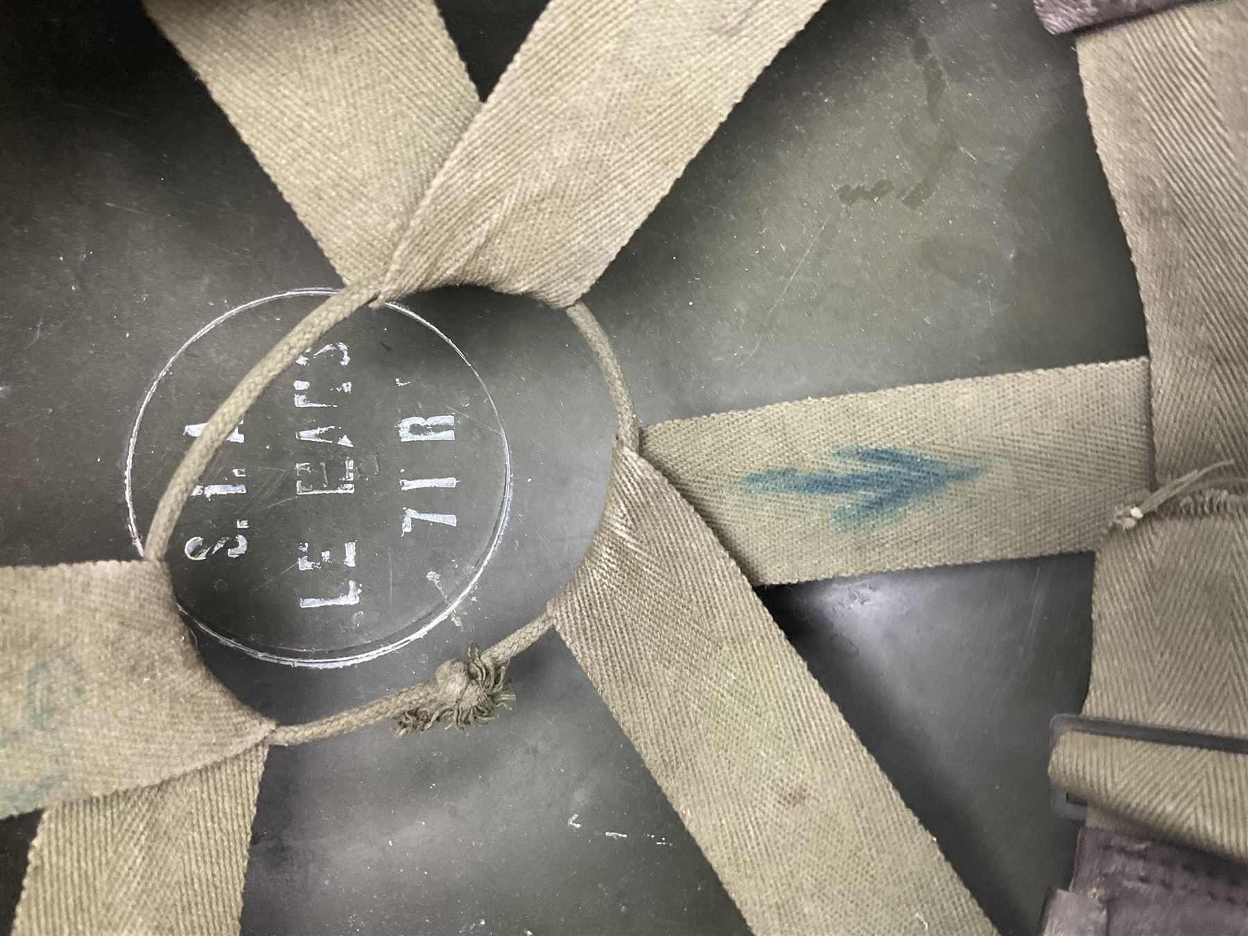 1950s French Algerian War steel helmet with liner; indistinctly marked 'S.I.A. LE EANS(?) 71R'