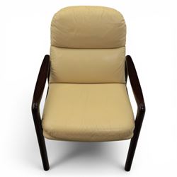 Dyrlund - pair of visitor chairs, solid Santos rosewood frame, rounded edges and broad armrests, seat and backrest with a removable cream leather over-stuffed cushions