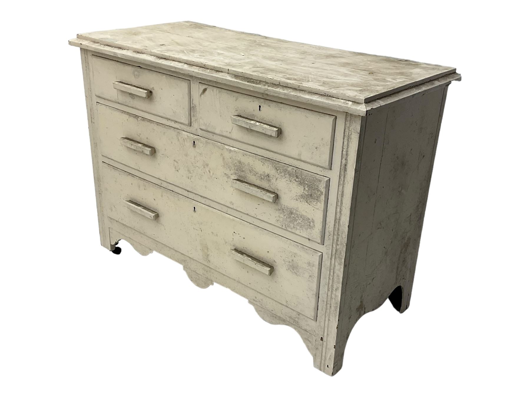 20th century painted pine chest of drawers, rectangular top over two short and two long drawers, scalloped apron, on castors
