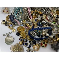 Norweigian silver enamel leaf brooch by David Andersen, together with a military issue pocket watch and a collection of costume jewellery including pair of clip on earrings by Butler & Wilson, beaded jewellery, brooches, etc