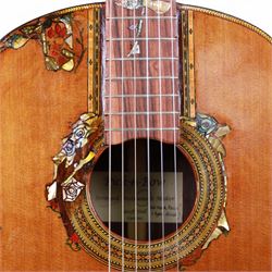 'The Moor Relic' classical guitar, with aged finish and abalone inlay, made by Geoff Hall, stringed instrument maker