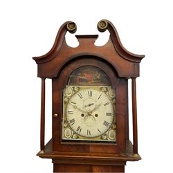 A mid-19th century oak and mahogany longcase clock retailed by 'Frank Dobson, Driffield' with a swan's neck pediment and brass paterae, recessed break-arch hood door flanked by mahogany pillars with brass capitals, trunk with a three-quarter length hood door and wavy top on a rectangular plinth with a central oak panel, fully painted convex centre break arch dial with corresponding spandrels and a biblical depiction from the new testament to the arch, with roman numerals, minute track and non-matching stamped brass hands, subsidiary seconds dial and semi-circular date aperture with date disc behind, dial pinned via a Walker & Hughes falseplate to an 8-day rack striking weight driven movement, striking the hours on a bell. With weights and pendulum. 
Frank Dobson was a prolific clockmaker in Driffield (East Yorkshire) working from the Market Place 1817-51, succeeded by his son Frederick on his father's death, also recorded as a post master, brass founder and retailer of jewellery and fishing tackle. 


