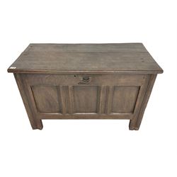 18th century oak coffer, rectangular lid over panelled sides, the uprights reeded and moulded, raised on stile supports