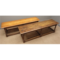  Pair 17th century style joint benches, rectangular moulded tops, turned supports with stretchers, 153cm x 41cm, H46cm  
