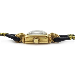  9ct gold Ladies wristwatch, hallmarked on black leather strap  