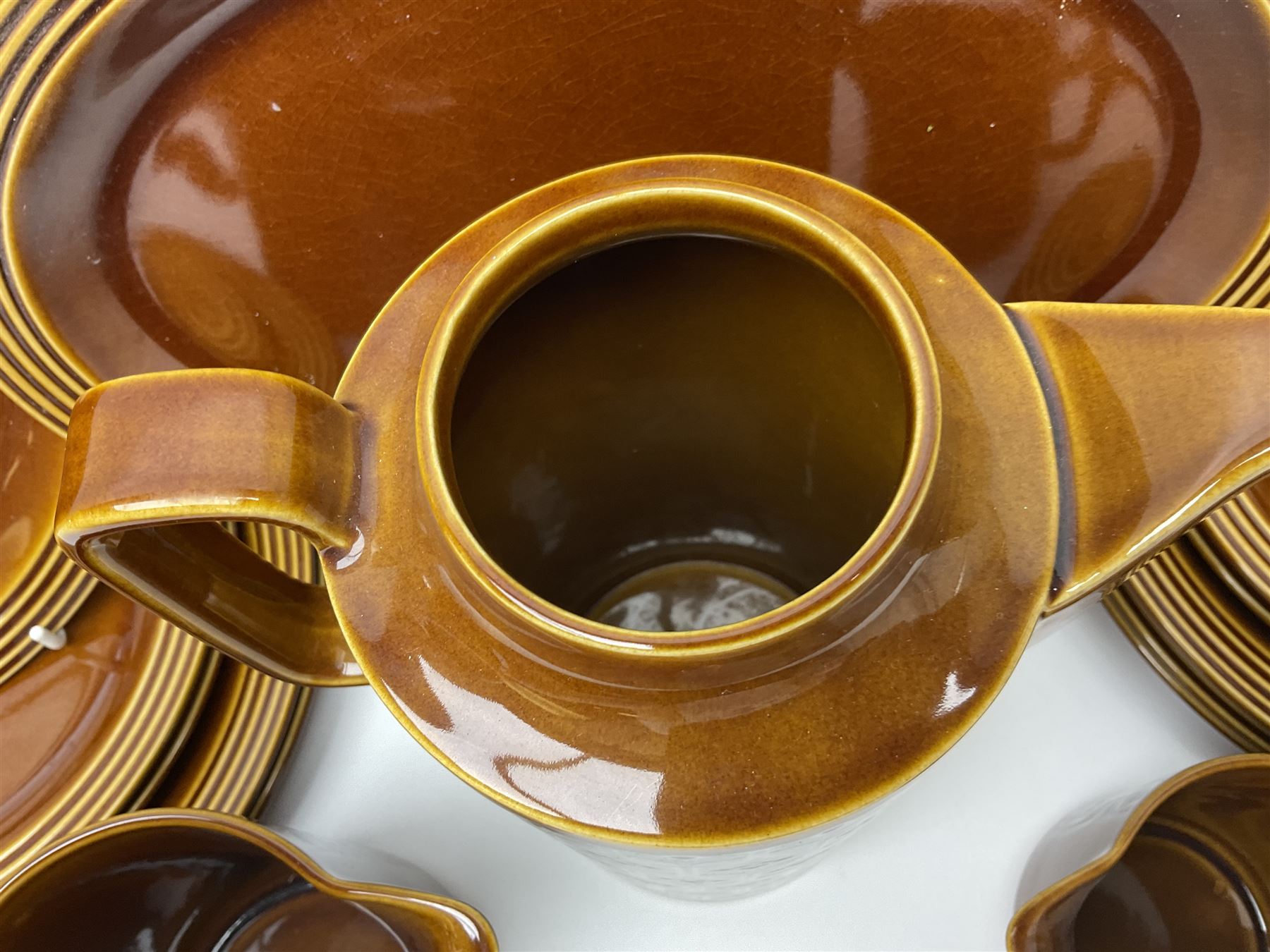Hornsea Heirloom pattern coffee service for six, comprising of coffee pot, covered sucrier, milk jug, hot water jug, dessert plates, side plates, dinner plates, jug, salt and pepper shakers and serving platter 