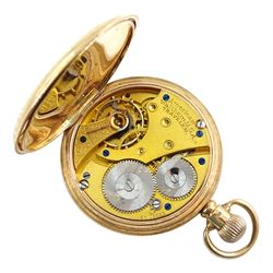 9ct gold full hunter 7 jewels keyless Traveller pocket watch by Waltham U.S.A, No. 23280142, white enamel dial with Arabic numerals and subsidiary seconds dial, case by Aaron Lufkin Dennison, Birmingham 1921