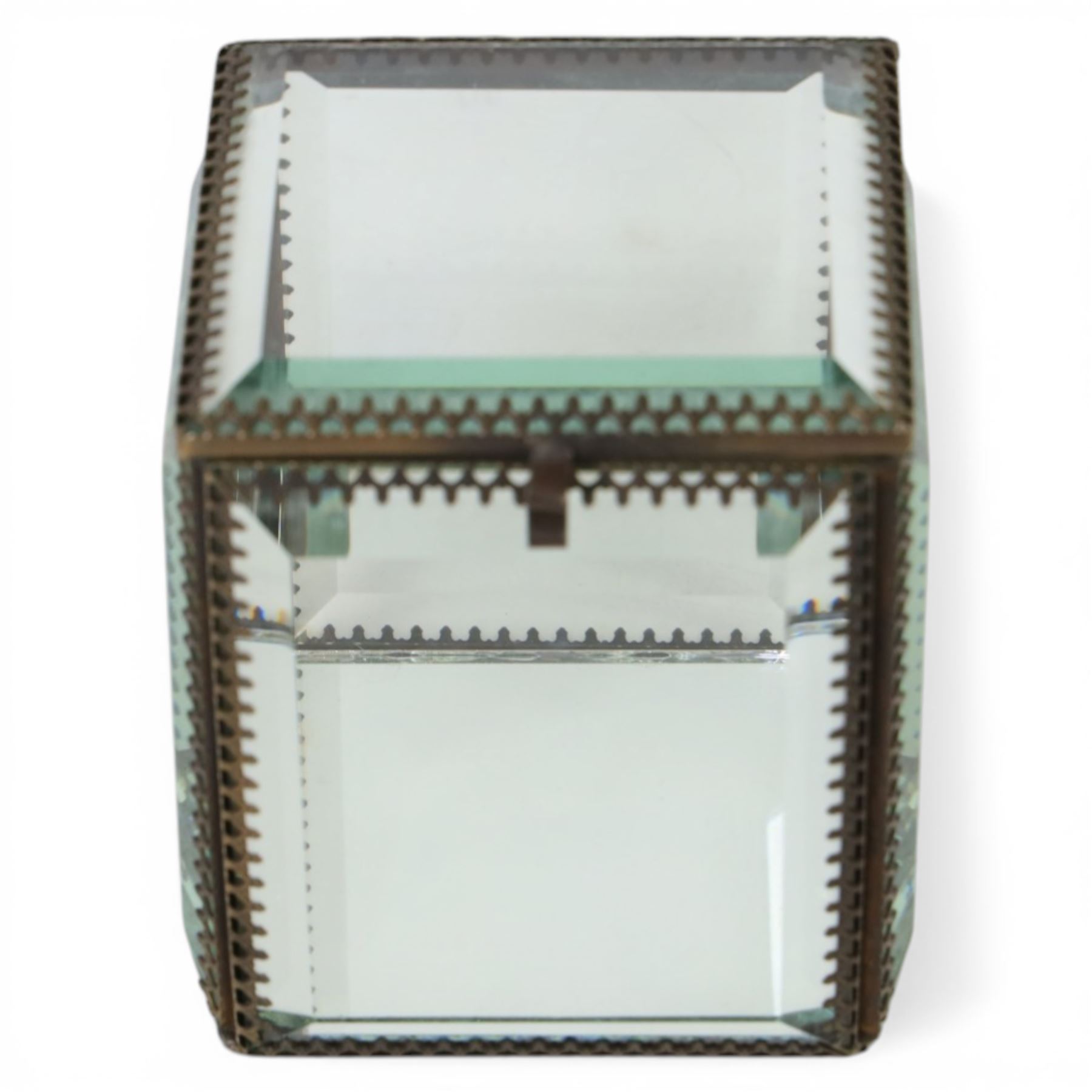 20th century French brass and  bevelled glass jewellery box, H12cm