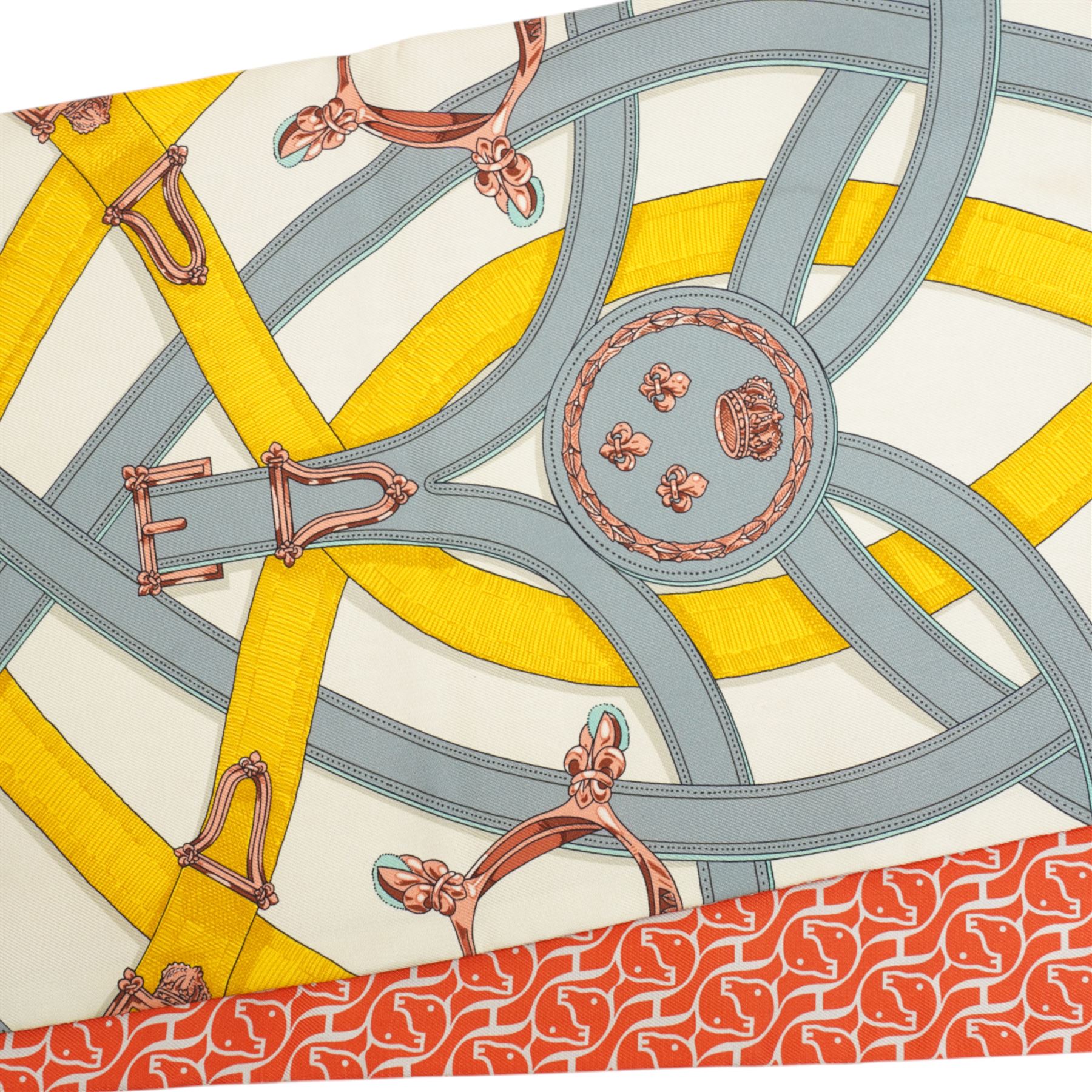 Hermes 'Cavalcadour' maxi twilly silk scarf, in pink yellow and blue colourway, designed by Henri d'Origny, 156cm x 20cm, in original Hermes box