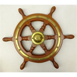  Small Simpson Lawrence brass mounted teak six-spoke ships wheel, D46cm  