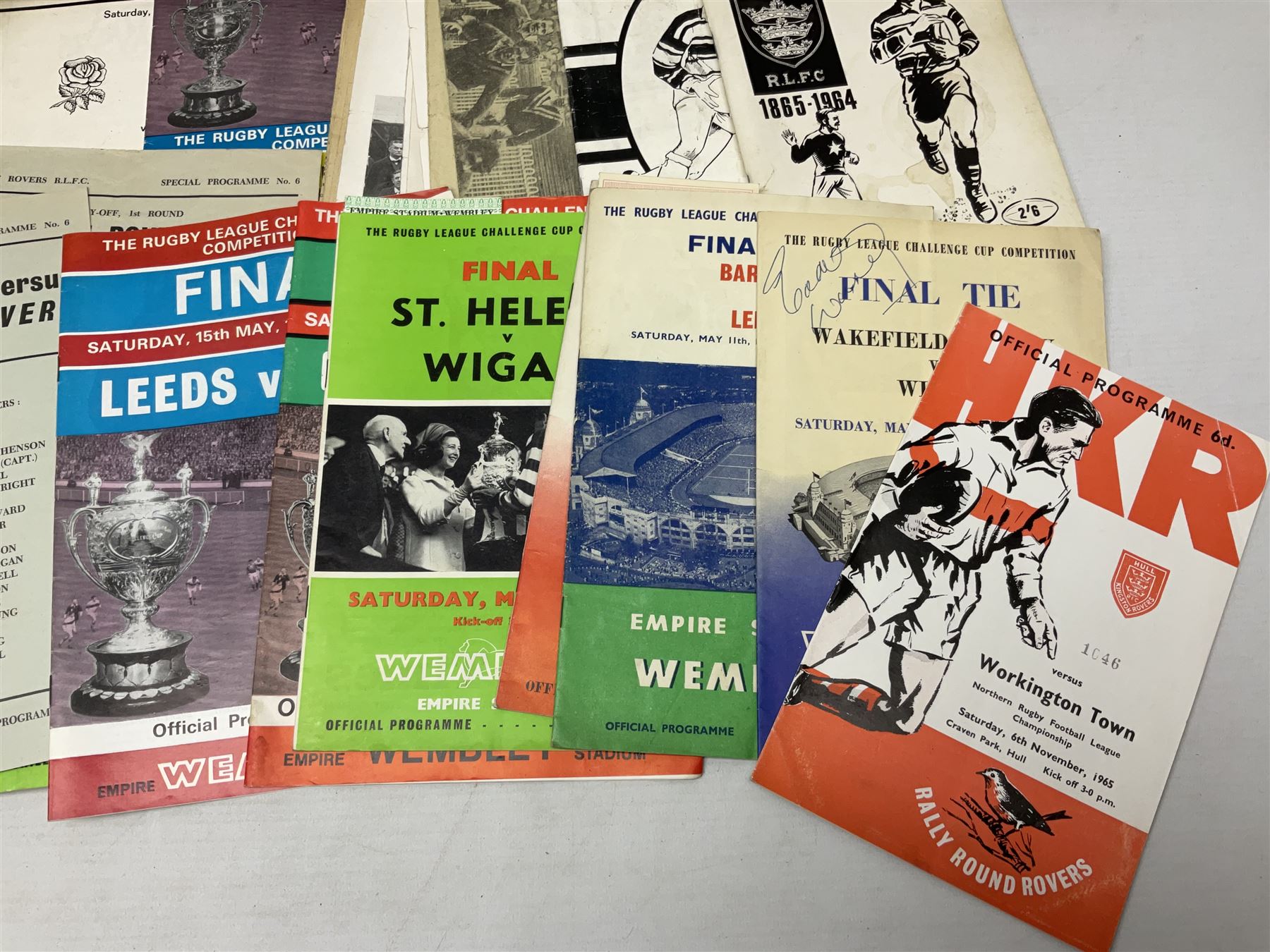 Rugby League - over thirty Hull Kingston Rovers match programmes 1950s/60s including home and away, various cup games, two 1969 single sheets and Last Match at Craven Park with ticket and club tie; five Challenge Cup Finals with tickets 1957-71 and 1962 signed by Eddie Waring; card mounted photograph of Barnsley United R.F.C. 1925/6; and other Rugby League ephemera