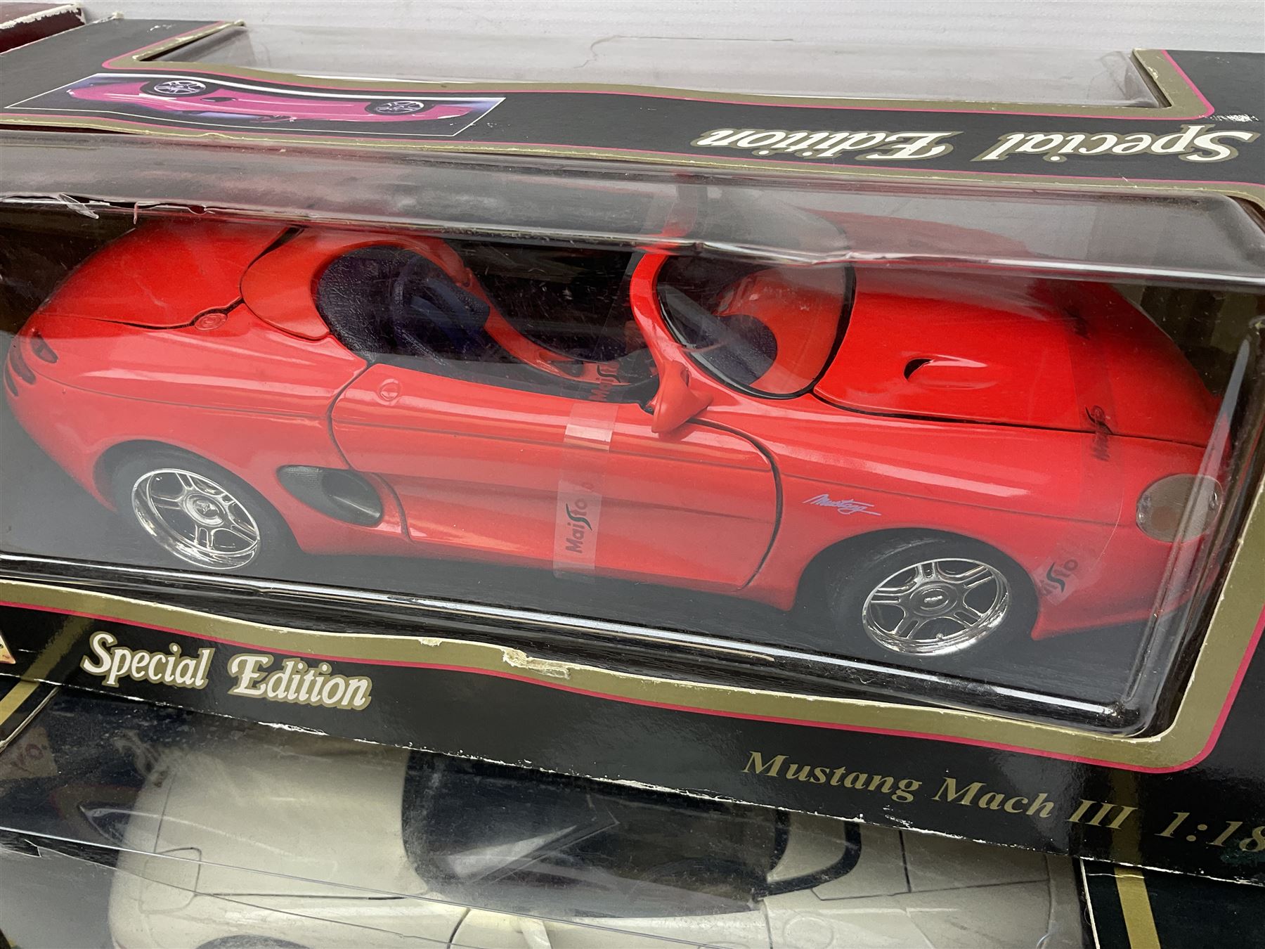 Nine 1:18/1:24 scale die-cast models - two Foxtons Mini Coopers; Road Legends Shelby Cobra; Maisto Mustang Mach III; and five by Bburago including Porsche 356B Cabriolet 1961, Chevrolet Corvette Convertible 1998 etc; all boxed (9)