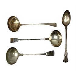 Two silver plated Fiddle pattern soup ladles, a silver plated Old English pattern soup ladle, and a silver plated Kings pattern basting spoon, (4)