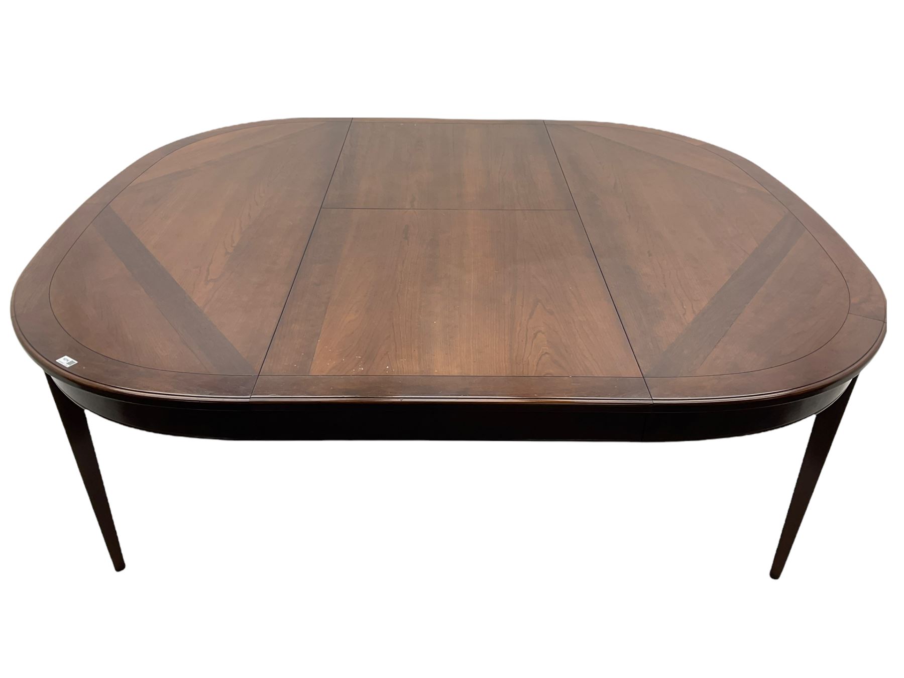 Grange Furniture - cherry wood finish oval extending dining table on square tapering supports, and a set of eight dining chairs with curved backs and upholstered seats 