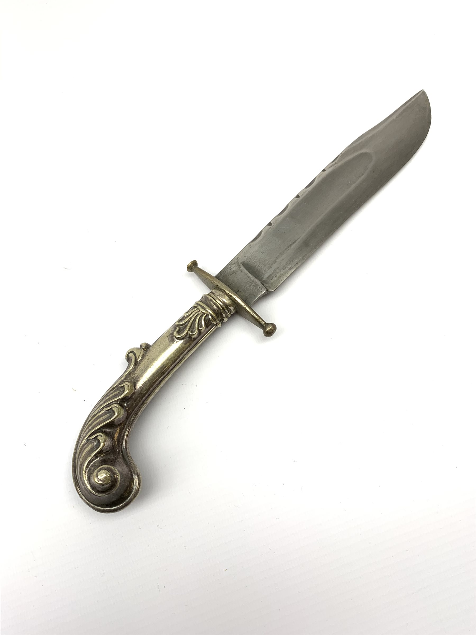 Large Bowie knife, the 20cm steel blade marked R. Coope(r?) Sheffield England, with plated crosspiece and pistol grip embossed with scrolls and anthemion, in plated and leather scabbard L33cm overall