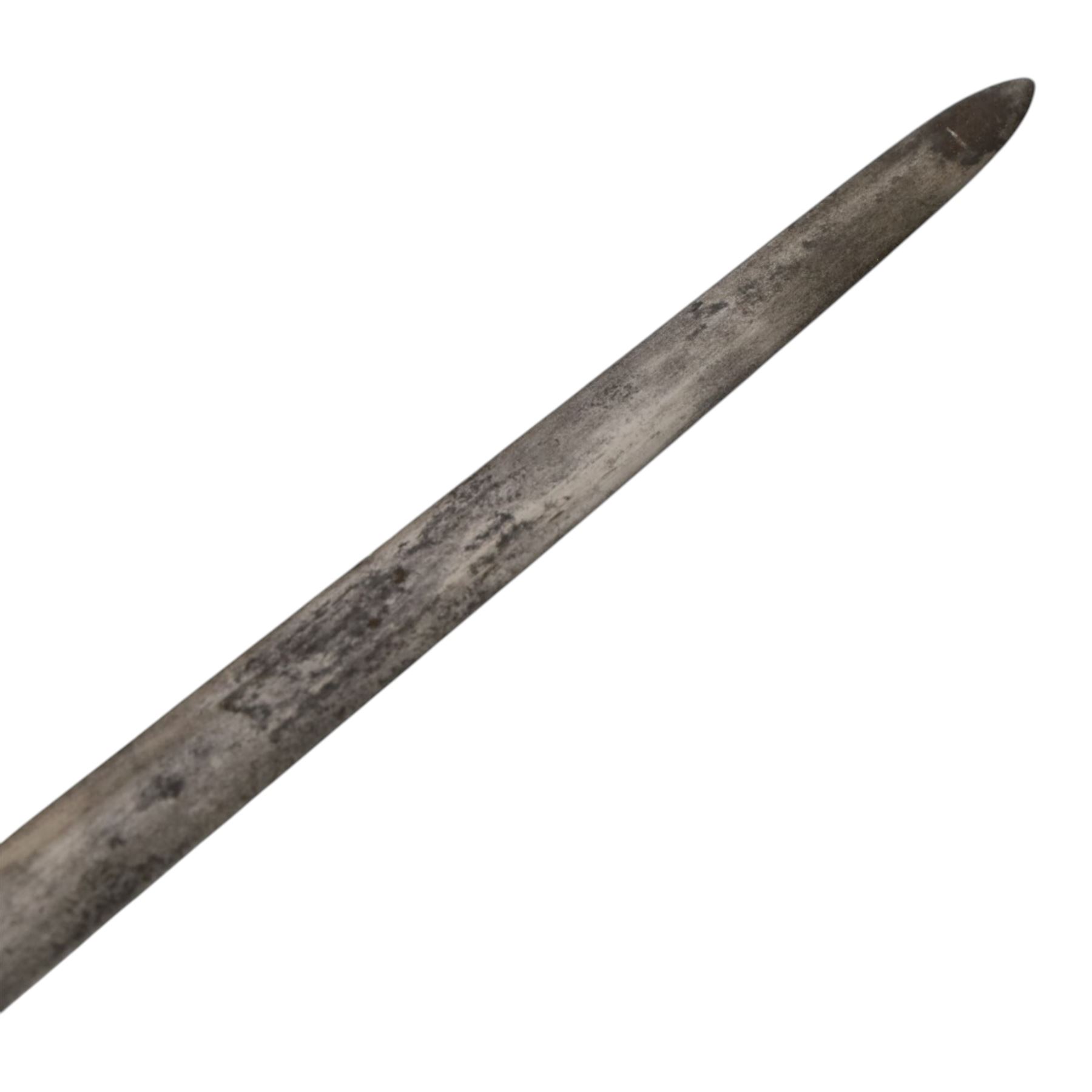British Georgian Officers Sword, with 83cm double edged fullered blade engraved with with motifs and Osborn along with Warranted, with brass heart shaped guard and faux wire bound grip, with scabbard with twin suspension rings, overall length 100cm