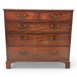 Late 19th-century Georgian-style mahogany chest of drawers, rectangular top with moulded edge over two short and three graduated drawers, raised on bracket feet, back foot missing 