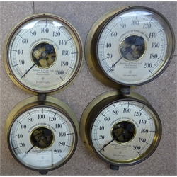  Early 20th century George Kent 'Venturi Orivent' brass pumping station water meter flow and pressure recorder, twin white enamel dials with subsidiaries, stamped 3570, on cast iron base W39cm, H54cm, with four Mather & Platt brass Automatic Sprinkler Gauges, D18cm (5)  