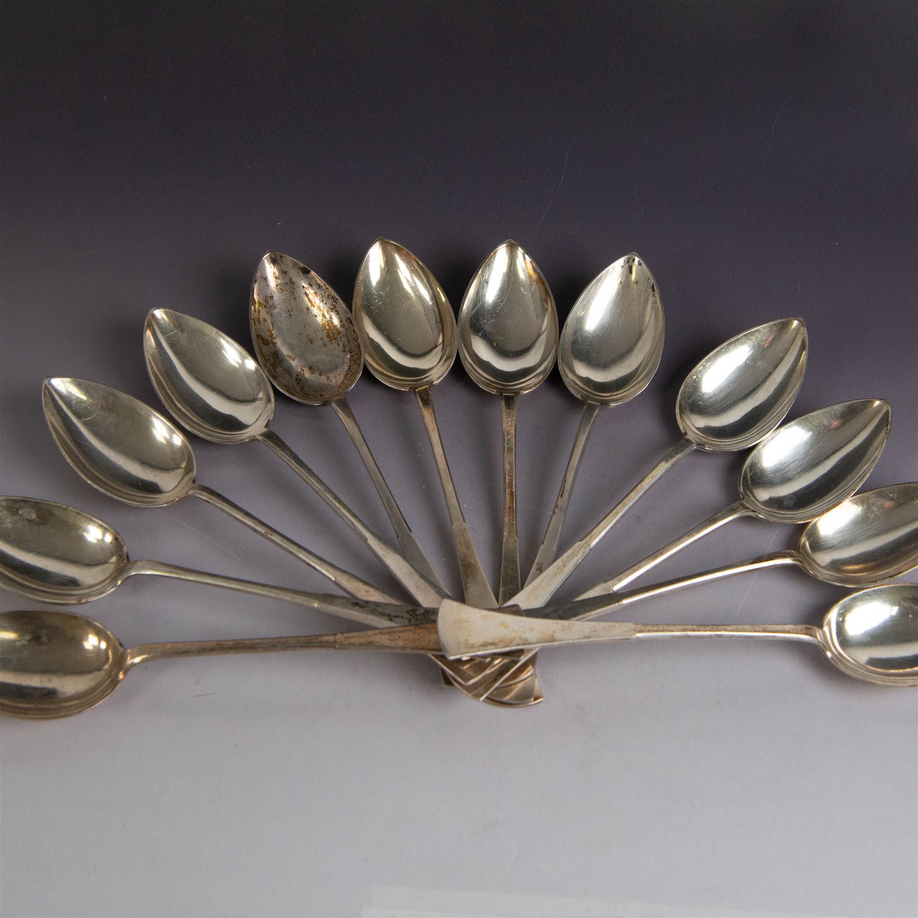 1920s canteen of Czechoslovakian 800 standard silver cutlery for twelve place settings, comprising table forks, silver handled table knives, table spoons, dessert forks, silver handled dessert knives, teaspoons, coffee spoons, cake slice, bread fork, sifting spoon and serving spoon, all stamped with Diana/Greyhound marks with no. 3 to side for 800 standard and with maker's mark TL