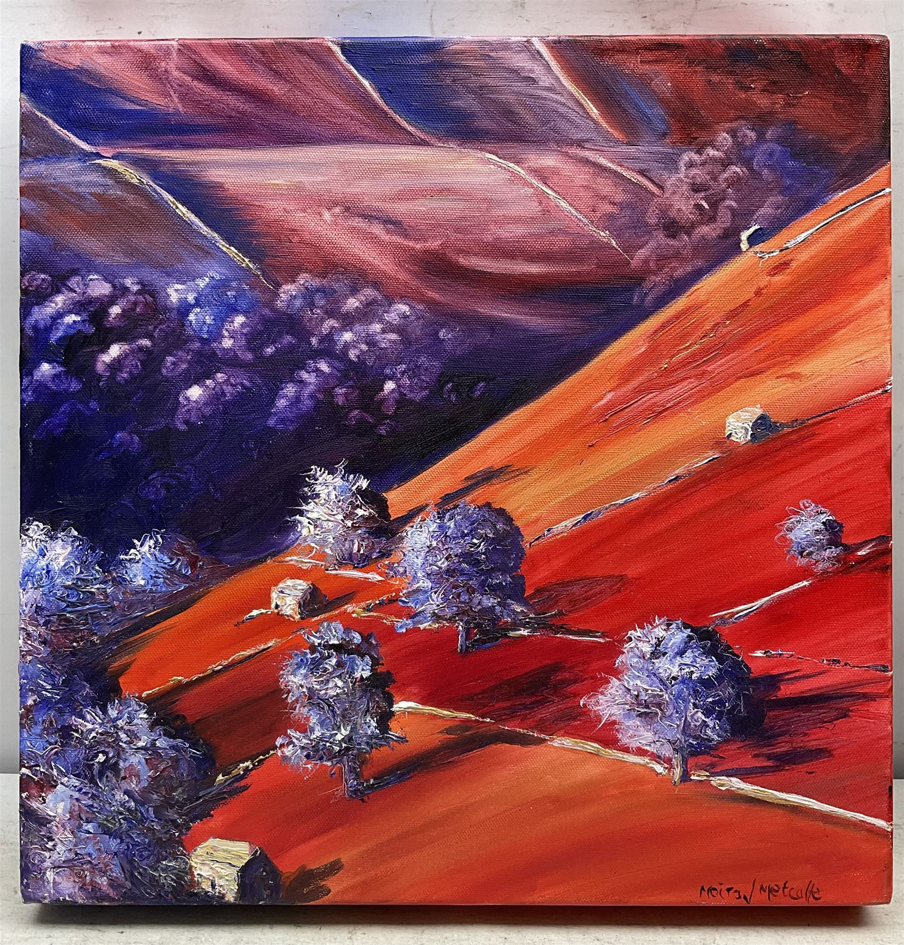 Moira Metcalfe (British Contemporary): Rural Landscape in Red and Purple, oil on canvas signed 40cm x 40cm 