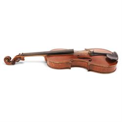 Early 20th century violin, interior label reading 'Copy of a Antonius Stradivarius Fecit Dresdae Anno 18, made especially for Harry Wood of Wakefield', for restoration, contained within hard case