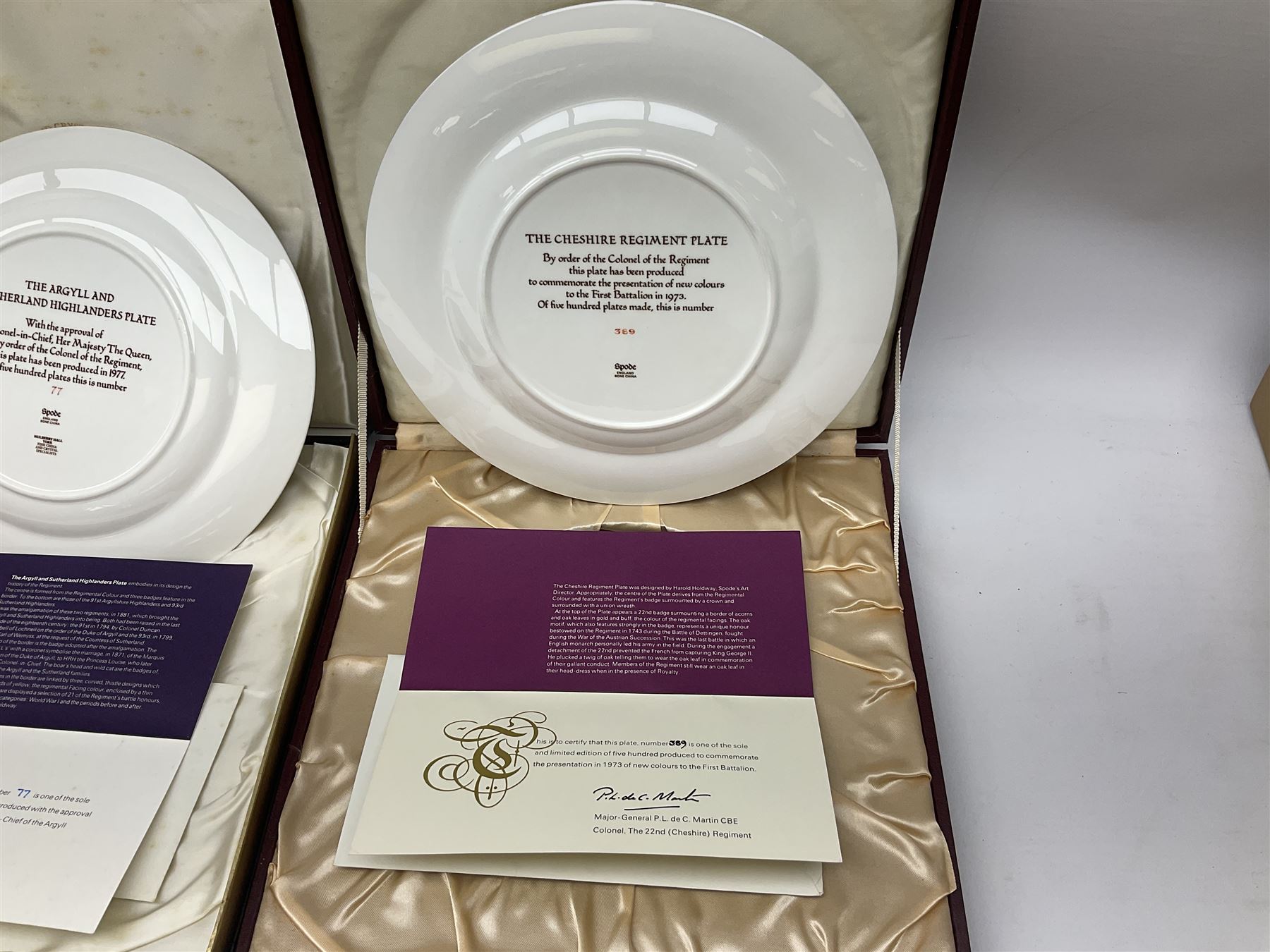 Seven limited edition Spode Military collector's plates comprising The Argyll & Sutherland Highlanders, The Gordon Highlanders, The Royal Hampshire Regiment, The Royal Welch Fusilliers, The Cheshire Regiment, The Gloucestershire Regiment and The United States Marines, all boxed and with certificate  (7)
