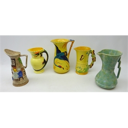 Three Burleigh Ware jugs one decorated with a Flamingo, H26cm, another with Dragon handle & Butterflies, Tony Wood jug & Art Deco jug, probably Sylvac (5)  