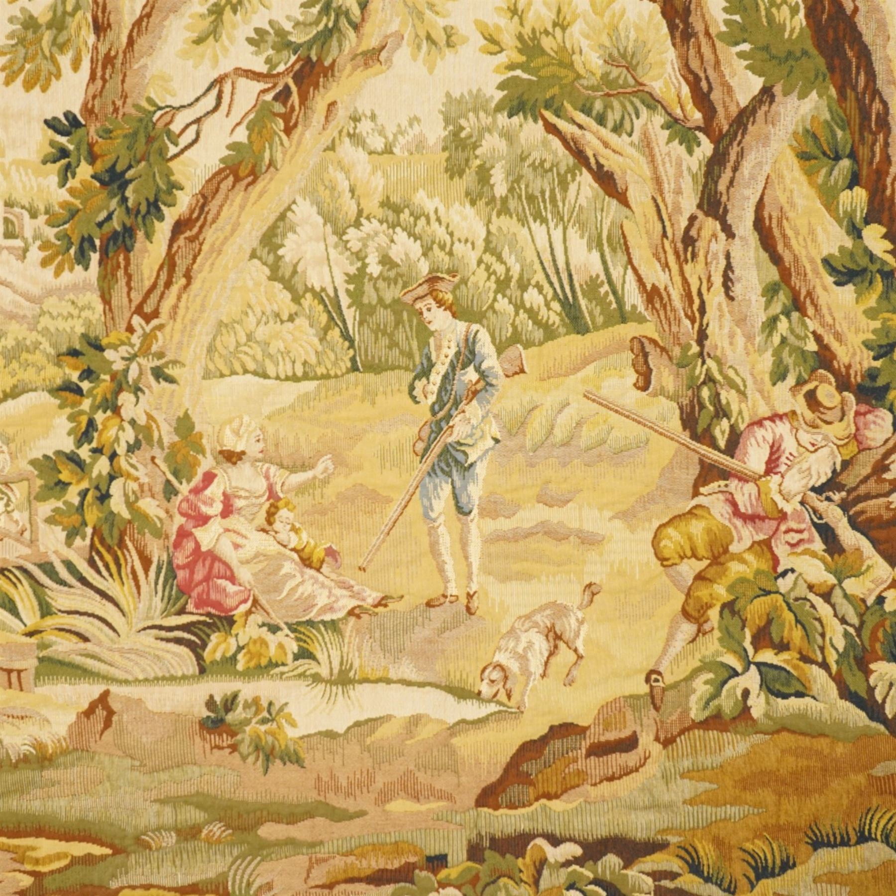 Large French Aubusson style verdure tapestry, of 18th century design but later, depicting hunters resting, 133cm x 194cm