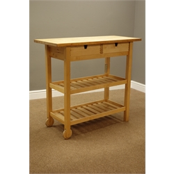  Beech kitchen preparation trolley stand with two drawers, 100cm x 43cm, H90cm  