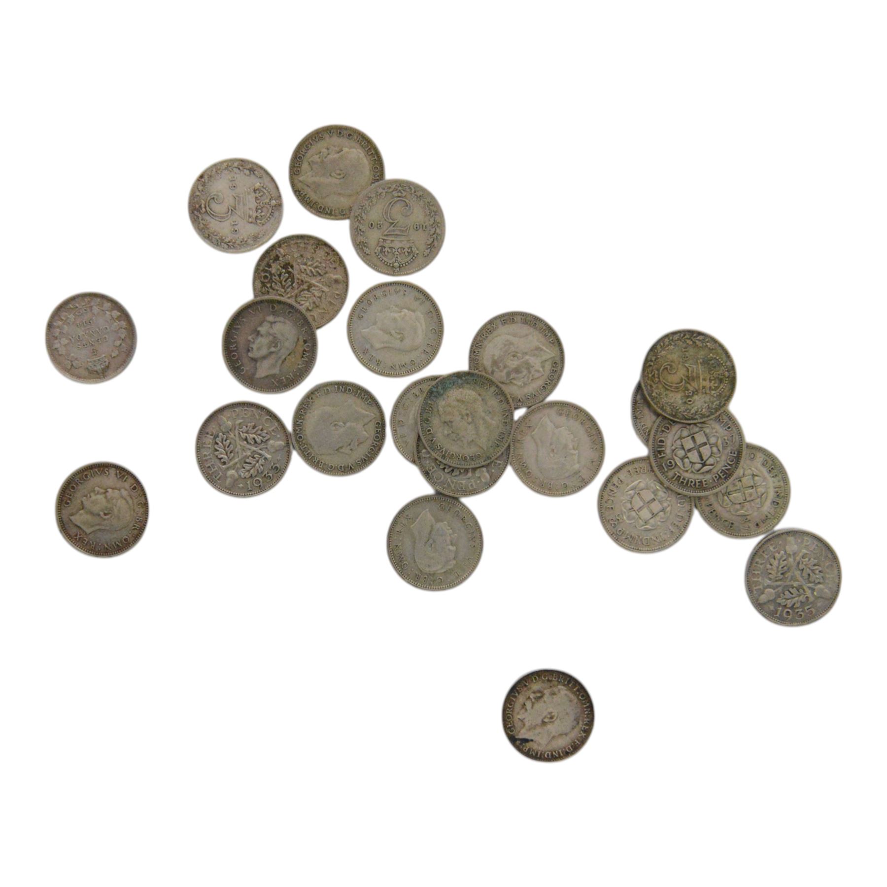 Approximately 108 grams of Great British pre-1920 silver sixpence and threepence coins, and approximately 29 grams of Great British pre-1947 silver threepence coins