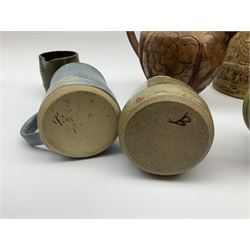 Studio pottery, to include Borgh pottery twin handled bowl, Hillstonia naturalistically modelled jug, set of seven mugs, jug and two vases.